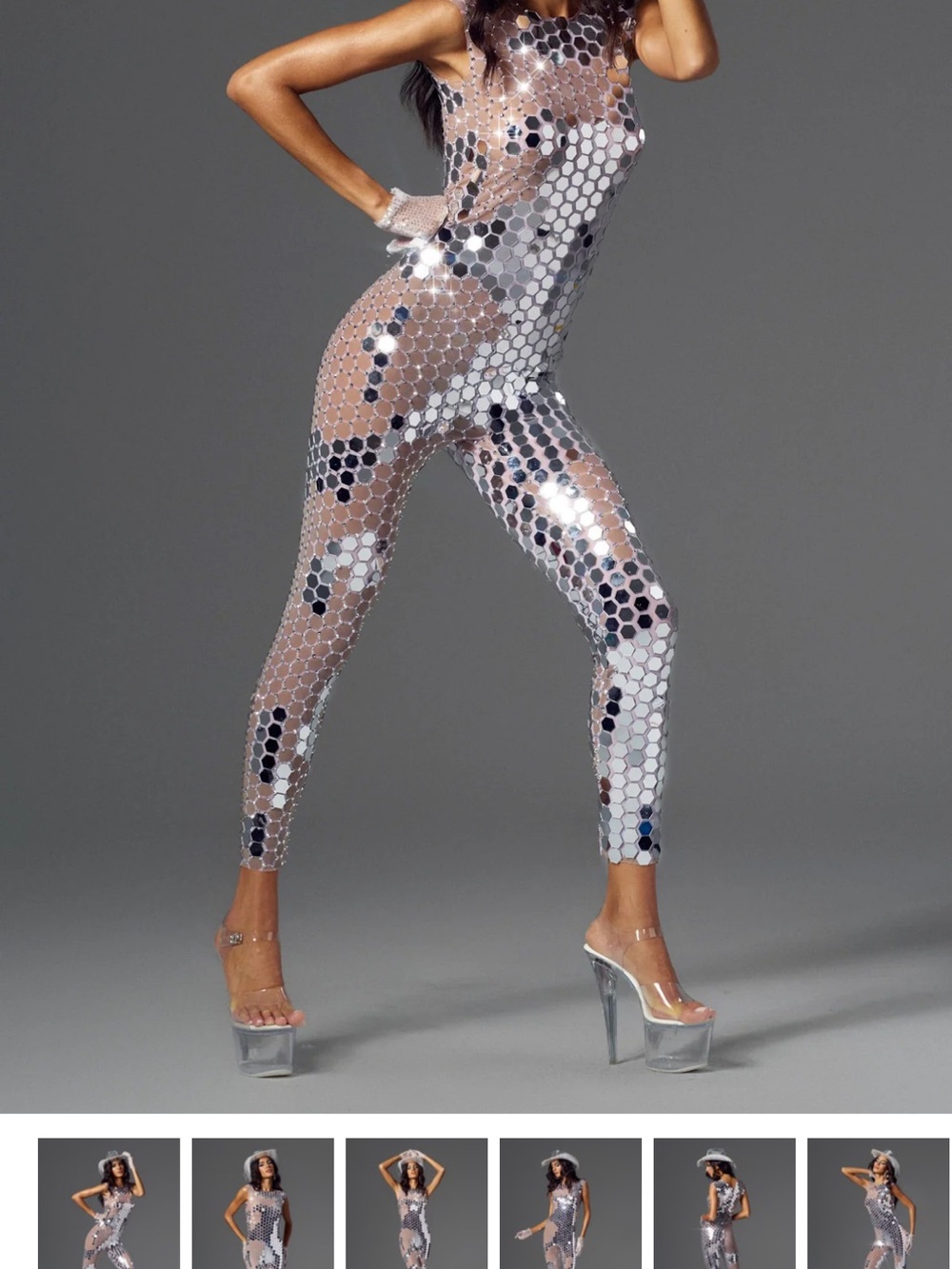 Silver Sequin Mesh Jumpsuit - Shimmering Silver Party Look